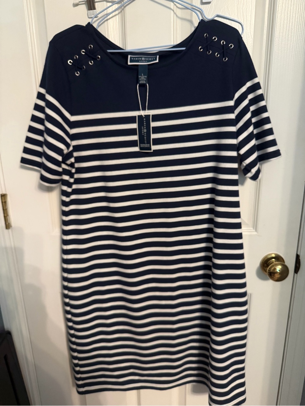 Karen Scott Navy and White Striped Shift Dress with Grommet Detail, NWT, size L